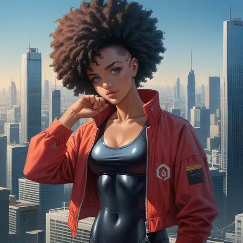 1girl, city,  construction , cyberpunk, skyscraper,  science fiction , cyborg, Alone,  long black hair, shiny punk hair , breasts,  cityscape, crane (machine), toys, realistic, ,  dark-skinned woman, blue eyes, standing, Red jacket, A young girl, afro amer...