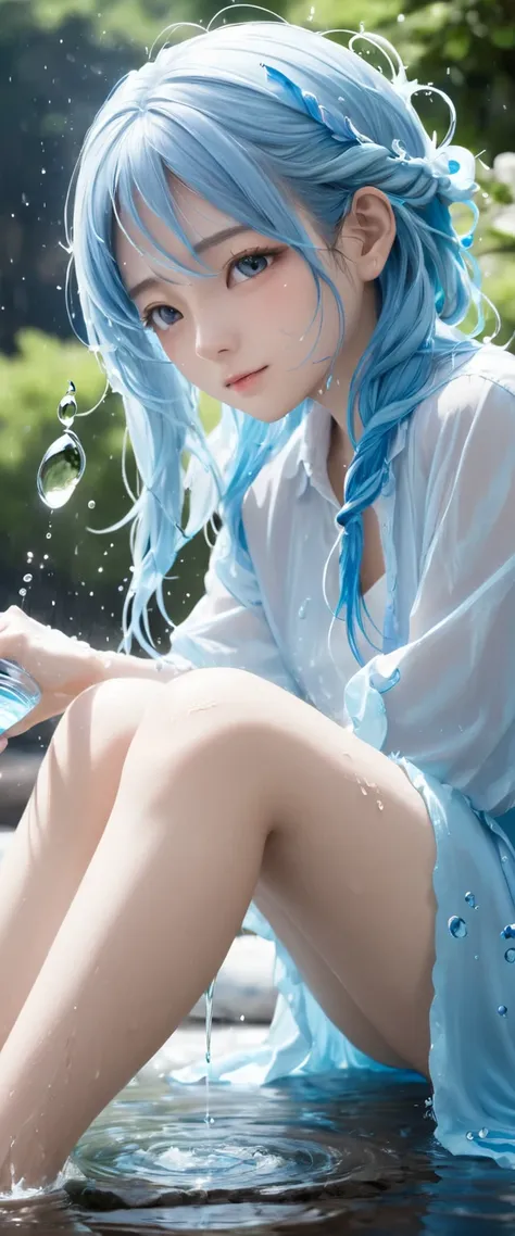  one girl playing pranks,  female water spirit ,  light blue hair, Internal spring water ,  drops a few drops of water on the skin,