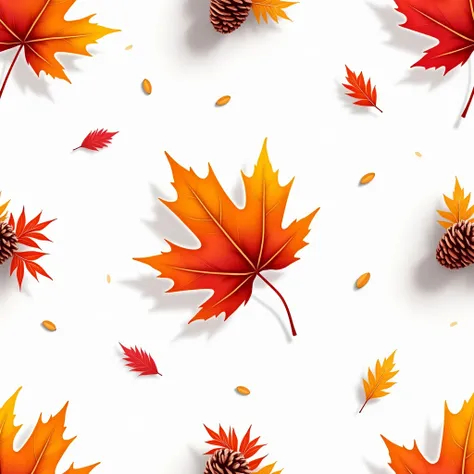 Seamless pattern, seasonal fall colors bounty, an elegant arrangement of autumn leaves, acorns, and pinecones on a minimal white background, with a gentle shadow for depth 