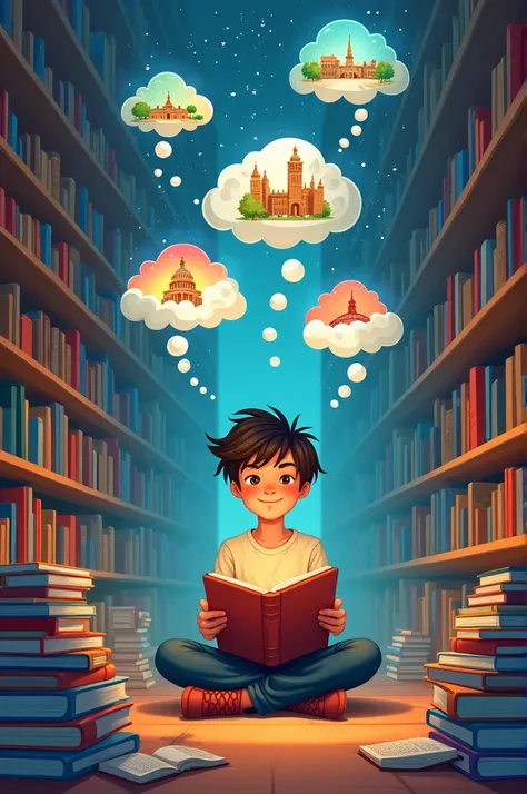 A vibrant image of a teenager surrounded by books, with thought bubbles showing dreams (college, travel, career).