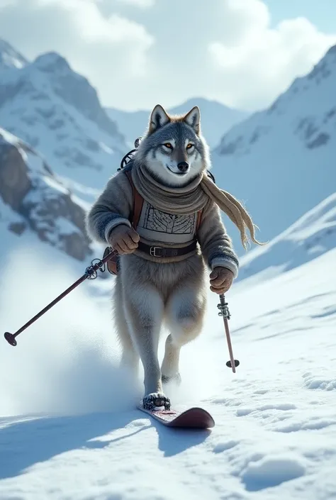  A wolf wearing a helmet, scarf and skiing , rolling down a snowy mountain  