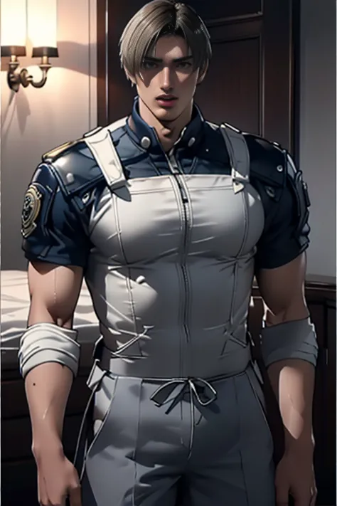 (Highly detailed CG), ( best quality ), (Highly detailed CG), ( best quality ), (Leon S. Kennedy), (Overall view) Huagai ,SWAT Clothing,  beauties, 18 years old,  Lean and muscular,  with a cool and handsome face, Sharp Eyes