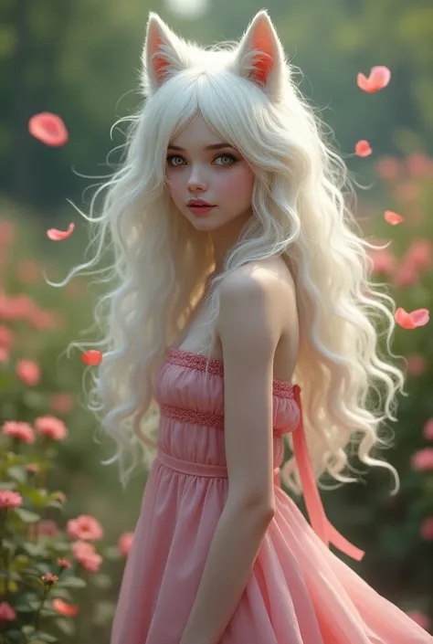 A girl with white hair, pale skin with her long hair, a garden of petals, wearing a pink princess dress while she is a wolf smiling while slightly busty.