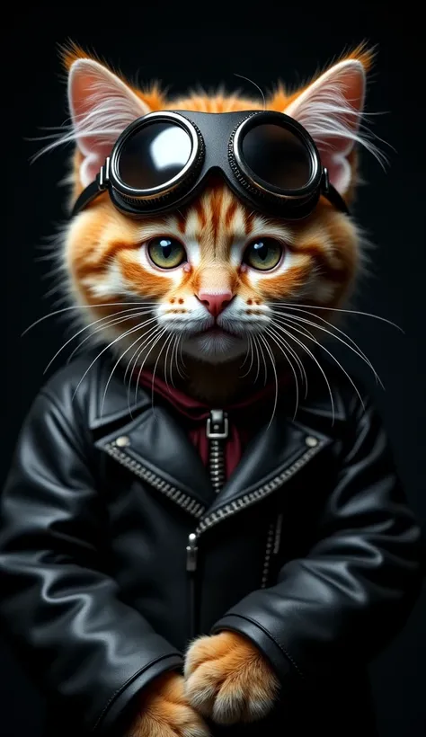  Hyperrealistic Yami Kawaii style portrait of biker gang Scottish Fold cat wearing leathers, goggles on helmet, ultra-detailed, looking to camera, studio lighting, black background, portrait, cinematic lighting. --ar 9:16 --style raw
