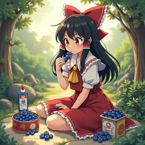  Touhou game character Reimu Hakurei eats blueberries, and next to her are Hayao Miyazaki-style glue cans  