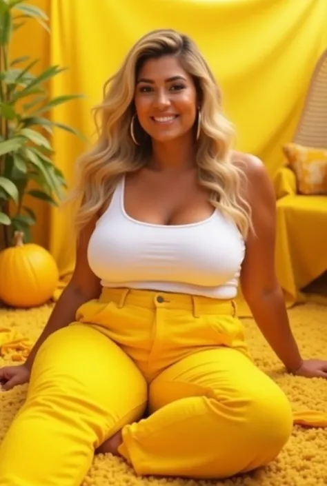 blonde woman in yellow pants and white top sitting on the floor, 30-year-old woman from cuba, with yellow cloths, yellow clothes, thicc, plus size woman, plus size, curvy, yellow overall, andrea rocha, marischa becker, gorgeous lady, angie glocka, lorena a...