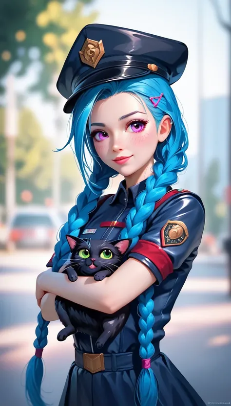 League of Legends Jinx、Hug a black cat、solo play 、 braided pigtails、black latex combat uniform、 glitter effect,  blurred background,   surrealism, Reality, 