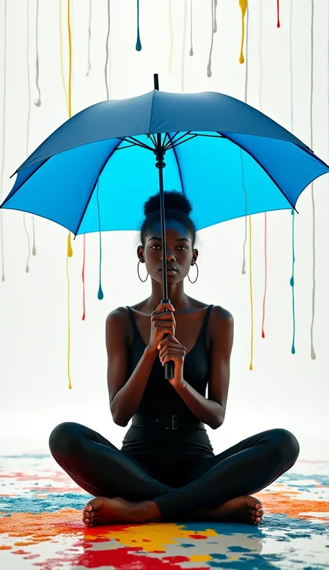 Black teenage girl sitting down while holding a large blue umbrella while it is lightly raining red, yellow, white and green paint against a white background. The clothes of the girl figure to be a smooth matte black color scheme, full front view, 4K hyper...