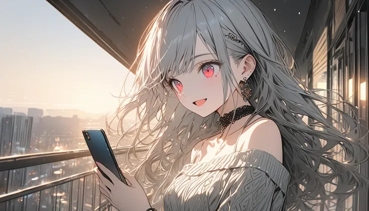 Teenage girl character with grey hair, red glowing eyes, long hair and a mole under her left eye. Single girl, Smartphone, Using smartphone, Bare shoulders, Balcony, Bracelet, Choker, Collarbone, Knitted sweater, Earrings, Eyebrows visible through hair, Ho...