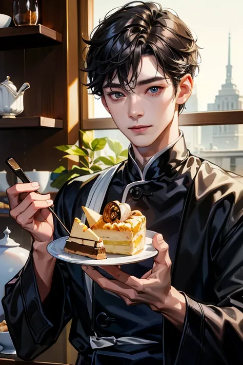 (absurdres, highres, ultra detailed, HDR), masterpiece, best quality, 1male, Korean men, 30 years old, handsome, short hair, finely black eye and detailed face, (pastry chef costume), dessert bakery, selfie shot, sad smile, closeup