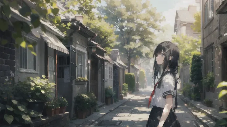 ((Alone:1.2)),cute girl talking with her boyfriend in garden,  high school uniform ,frOm side lOOking up,cObblestOne pavement, Long Hair, Black Hair, Green-gray eyes(),(  Mottled Sunlight :1.2),Blur,(depth Of field:1.1), 