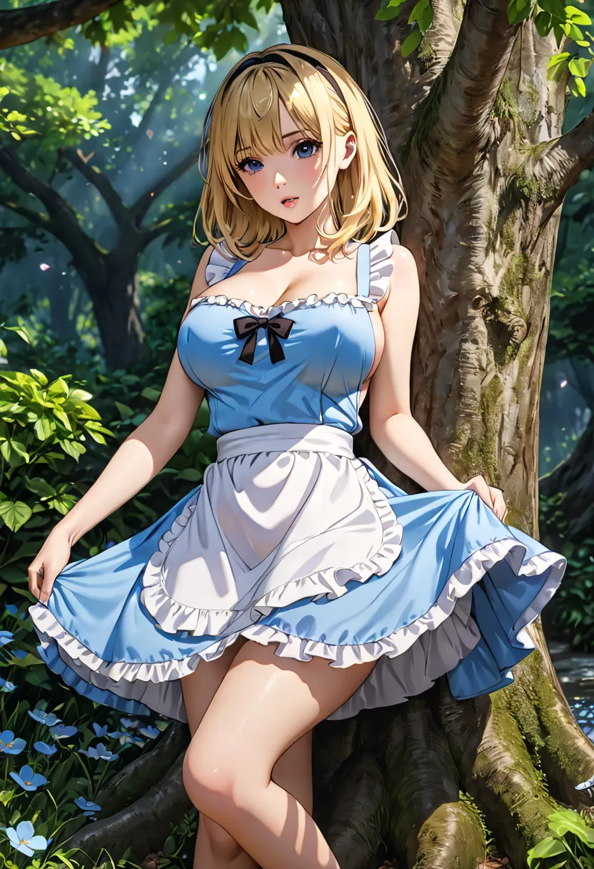 very sensual blonde alice, light blue sensual dress with white apron on the front, revealing dress small ,  black hair band with...