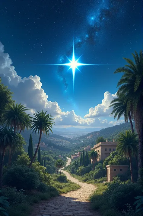 Rectangular image of 150×89 . Landscape with a beautiful sky with stars and a bright star , that has a variety of trees , palm trees,  ,  lots of vegetation and houses for nativity scenes like a Jewish town  , with ruins and cobblestone roads  