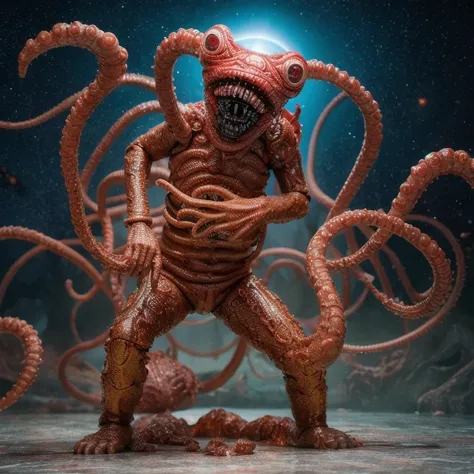 3D rendering, hi-res photograph, action figure, a formless eldritch horror covered in eyes and mouths devouring a planet, slimy and creepy, horrible looking, to be humanoid, professional photograph , full body shot, digital image.