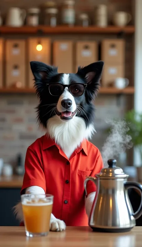 "A lifelike image of a black-and-white border collie dog wearing a red shirt and stylish sunglasses, standing confidently behind the counter in a modern tea shop. The tea shop has a clean, minimalist design, with exposed brick walls, wooden shelves filled ...