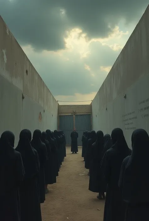 La scène se déroule dans une cour poussiéreuse dune école pour filles en Libye, clôturée par de hauts murs gris sans ouverture. Un groupe de jeunes filles en uniforme scolaire sombre et modeste se tient en rang, certaines dentre elles baissent la tête tand...