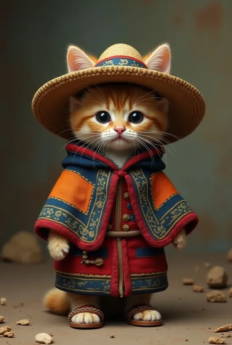 Kitten dressed in typical costumes of sad Peruvian folklore
