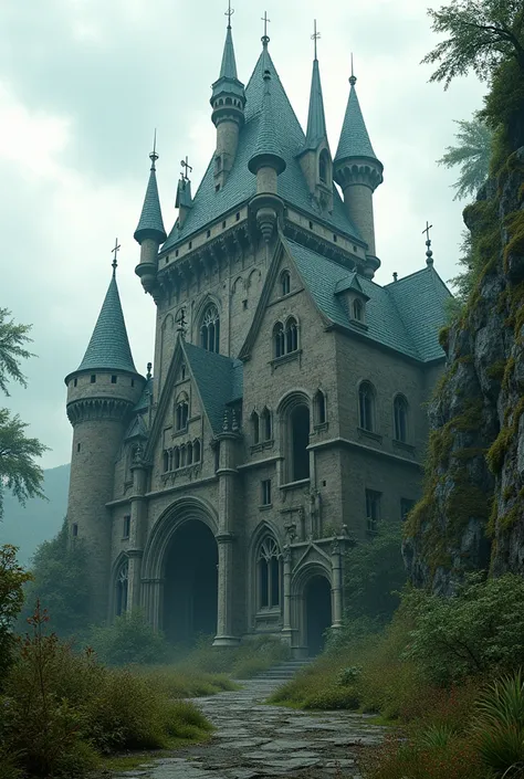 an huge abandoned old castle with an unique roof from a very close up view from lower perspectives 