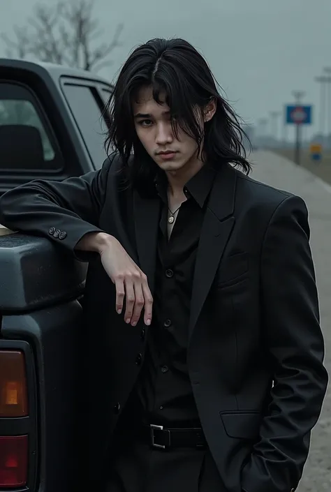 Japanese man with long hair leaning against a black pickup truck