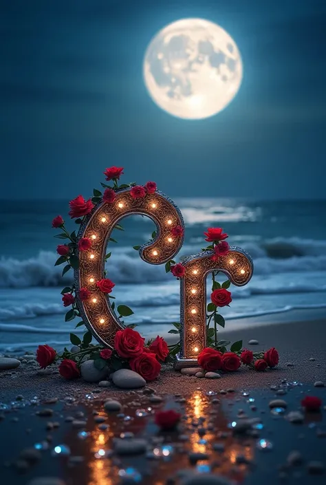 A breathtaking full moon beach scene captures the essence of love and passion. The shoreline is illuminated by the soft glowof the radiant moon, casting a serene light on the mesmerizing Rcrafted in ornate silver letters. Each letter is adorned with intric...