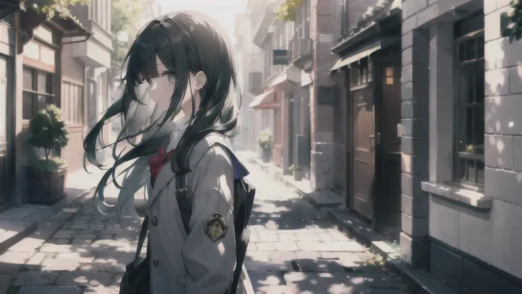 ((Alone:1.2)),cute girl talking with her boyfriend in riverside,  high school uniform ,frOm side lOOking up,cObblestOne pavement, Long Hair, Black Hair, Green-gray eyes(),(  Mottled Sunlight :1.2),Blur,(depth Of field:1.1), 