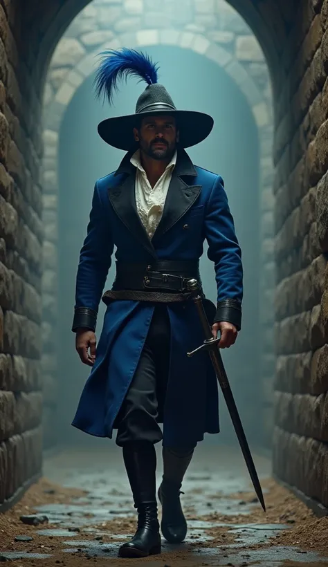 The Grêmio Musketeer, with a strong and muscular physique, appears close to the camera, walking slowly through an ancient stone fortress. He wears a fitted blue jacket with black sleeves and a white ruffled shirt, along with the iconic wide-brimmed muskete...