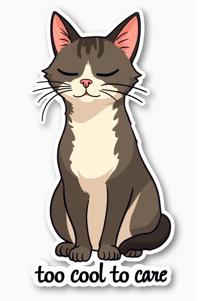 Create a sticker of Cat with “Too cool to care” captions.