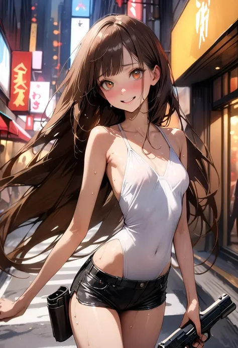 ((masterpiece,Best Quality:1.3,Best Qualityのイラスト)),Realistic, cowboy shots,solo,1 Female,(25 year old beauty), Dark brown hair ,Long Hair,bangs, Brown Eyes ,( gorgeous big eyes ),((Very small head:1.3)),shy,smile,((Very long body:1.2, skinny)),( sunburned ...