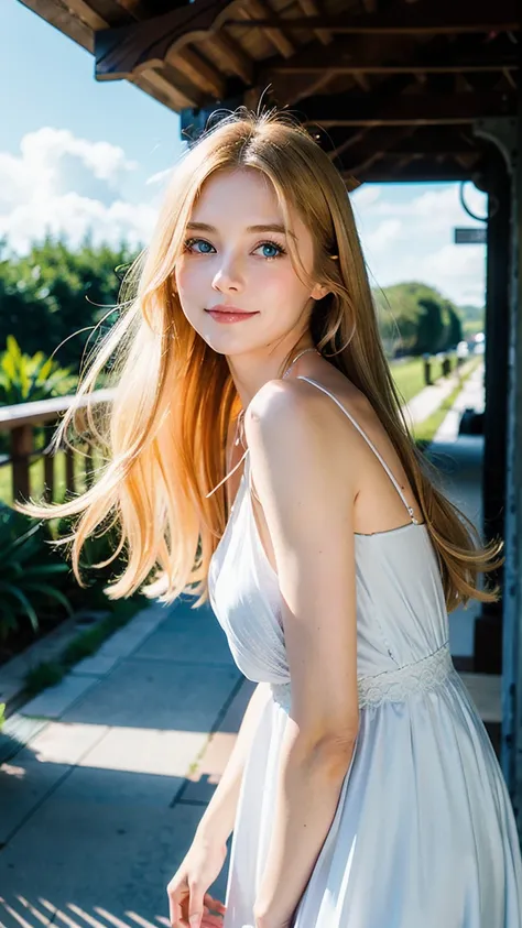  long, soft blond hair fluttering in the wind and 、 A young woman with big, expressive blue eyes 、 beautiful and elaborate live action image 。Her expression is、 as if experiencing bittersweet memories 、 smiling lightly 、 tilting her neck lightly 、She is dr...