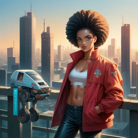 1girl, city,  construction , cyberpunk, skyscraper,  science fiction , cyborg, Alone,  long black hair, shiny punk hair , breasts,  cityscape, crane (machine), toys, realistic, ,  dark-skinned woman, blue eyes, standing, Red jacket, A young girl, afro amer...