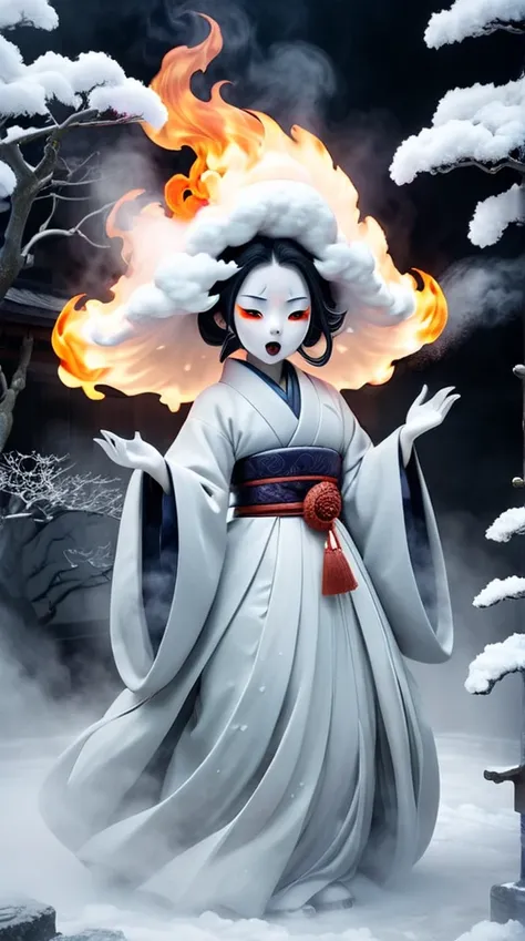 muted color 。 Japanese Yokai「Snow Woman」The live-action version is 、 the whole body is made of flames。
 an illustration of a creepy nightmare 、 surreal fantasy 。fog。 Darkness、A live-action shrine 。
 Turn clouds floating in the air 、solo、 Hi-Res、Best Qualit...