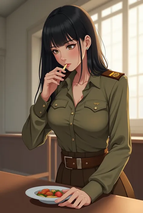  Korean teacher Female long straight hair with bang wear long sleeved button shirts Khaki colour  and skirt khaki brown colour has military insignia brown with yellow on shoulder and on both sides of the chest Unbottoned collar Shirts and Skirt khaki brown...