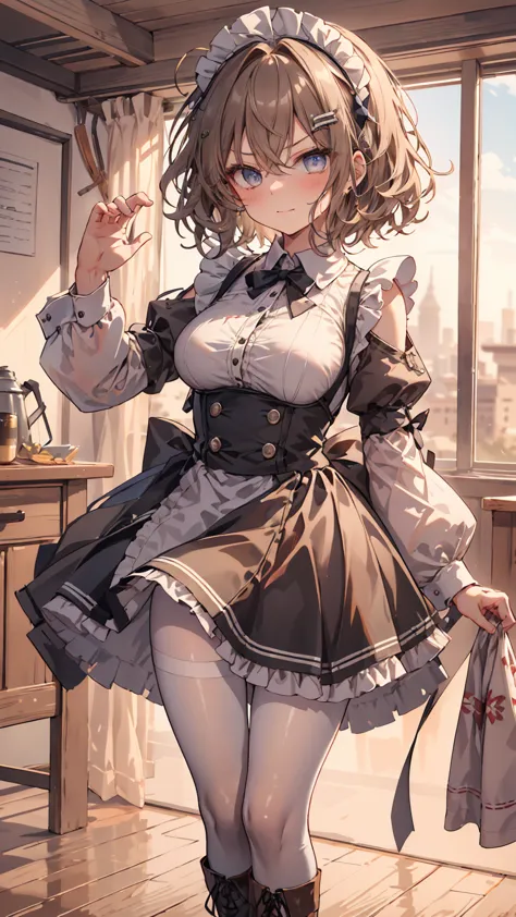 masterpiece, 1 girl, sparrow, a brown haired girl, wearing a maid clothes, curly short hair, messy hair, slim body, he close her...