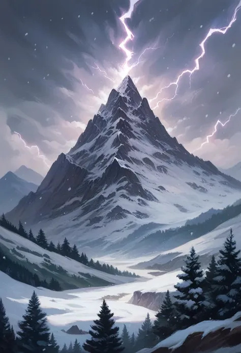 An old simple tower, on the top of a mountain, snow around it, snowing, lightning falling from the sky, realistic