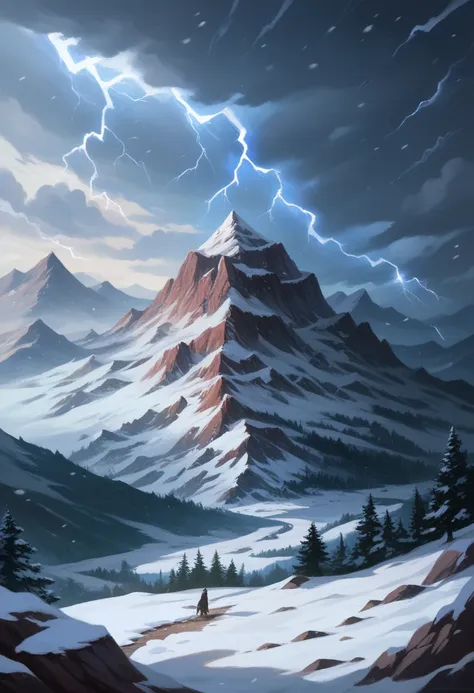 an old simple tower, on the top of a mountain, snow around it, snowing, lightning falling from the sky, realistic