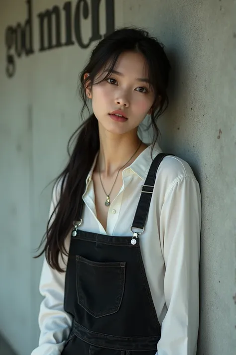  Beautiful 25-year-old Asian European woman with straight long hair tied back in the middle, wearing a necklace, wearing white strit ,  wearing black denim overalls ,  wearing white Nike shoes leaning against a wall that says  "Good night "