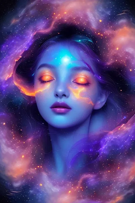 a surreal ethereal woman in a deep cosmic space, woman merged with the universe, nebula, galaxy, cosmic clouds enveloping her body and face, flowing hair softly lit, serene expression, small vibrant stars seamlessly blending into star-textured background, ...