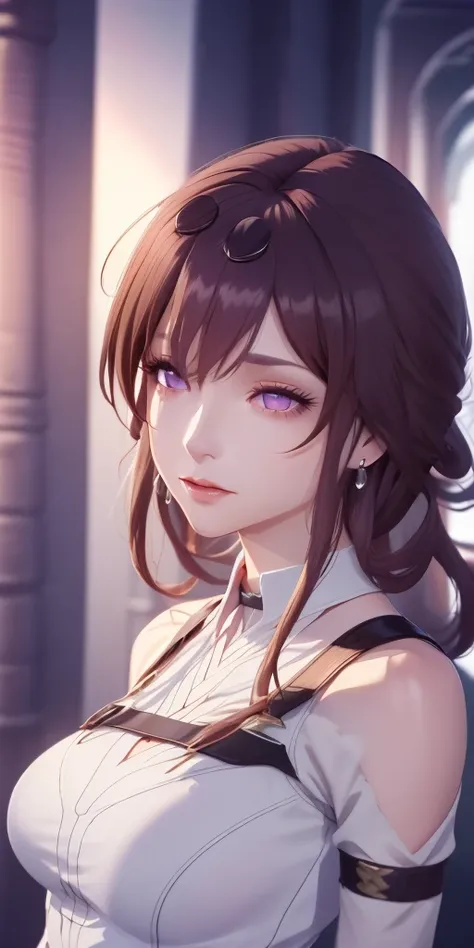 Anime cg, masterpiece, best quality, highres, shiny skin, 1girl, kafka, honkai star rail, official, purple eyes, bangs, green eyes, mature woman, white shirt, perfecteyes, curvaceous, large breasts, soft light, ultra detailed, sitting elegantly, seductive ...