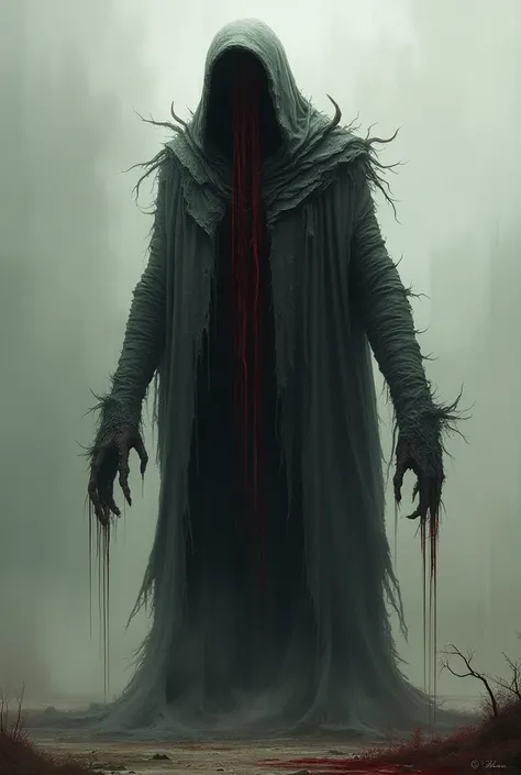  A very tall, stretched monster ,  wearing a torn garment that covers its body,  minus the front , Its a hood . In place of the face ,  a cascade of ink mixed with blood ,  and tentacles coming out from under clothing 