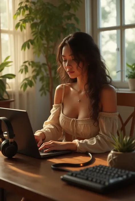 (photorealism:1.2), beautiful woman, sitting at the table, lenovo laptop, pink razer headphones, full size mechanical keyboard, wearing off-shoulder top, bra straps shown, skirt, long curly hair, indoors, soft lighting, window with sunlight, cozy room, fee...