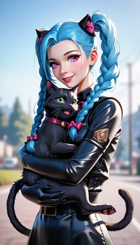 League of Legends Jinx、(((Hug a black cat:1.37、Black cat with pigtails)))、solo play 、 braided pigtails、black latex combat uniform、 glitter effect,  blurred background,   surrealism, Reality, 