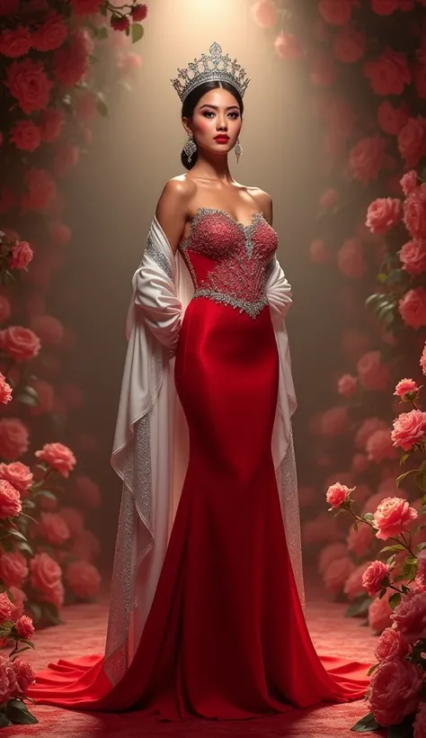  Miss Supranational Indonesia,  wears a crown ,  Red evening dress with silk shawl on the left and right shoulders, wear a white and silver silk shawl,  In the final stage.  tanned skin, Bold makeup but calming and intelligent aura. Arms behind your back ,...