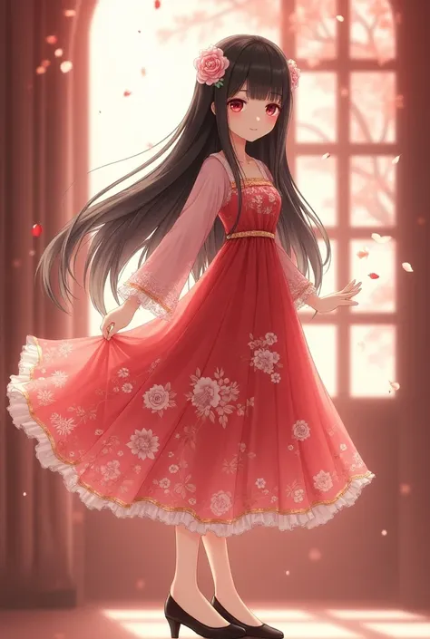 A captivating scene of a 14-year-old anime girl with stunning long black hair adorned with delicate rose accessories. Her hair cascades down in a charming hairstyle, framing her beautiful face with red-pink eyes. She is elegantly dressed in a pastel red dr...