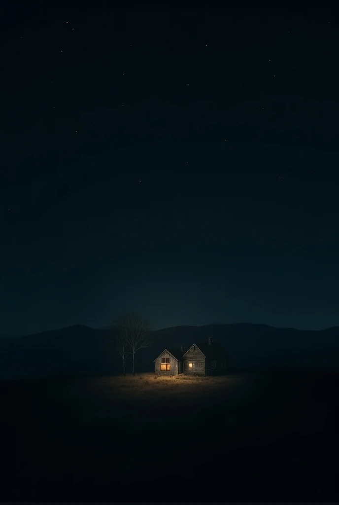 A small, peaceful village under a dark, starless sky. The houses are simple, and there is a subtle fear in the air. The atmosphere is quiet with a sense of something eerie looming around