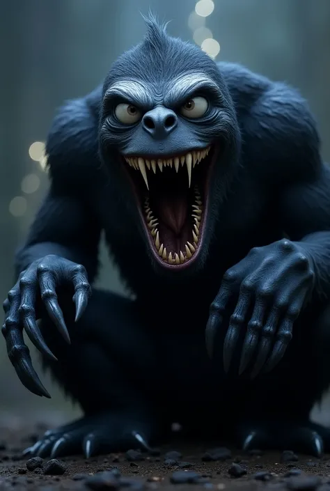 Create an ultra-high-definition (UHD) image capturing an imaginative, detailed fusion of Sid the giant sloth from Ice Age and Venom. In this fusion, Sid retains his iconic, friendly, and goofy expression, large eyes, and slightly hunched posture, but his s...