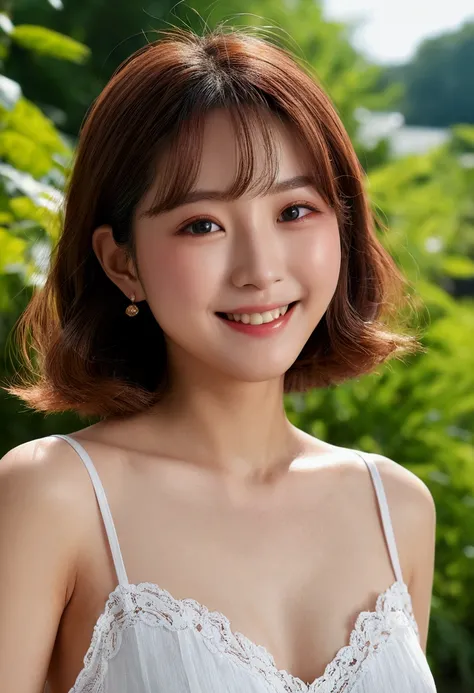 ((最 high quality, 8k, masterpiece: 1.3)), ( close:0.75), Realistic, Sharp focus,  high quality,  Hi-Res,    Japanese Female、18 years old、Showa beautys face 、Slim body type、 my chest is 40 inches insanely big ｛ inch chest｝, (( very strong sunlight )), smile...