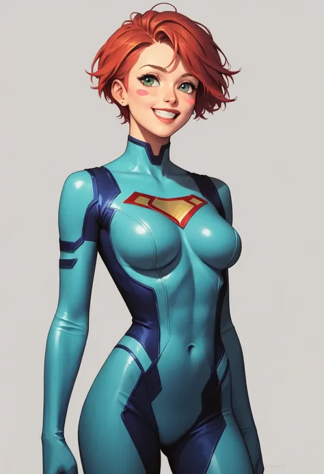 masterpiece, best quality, highres, hmochako, blush stickers, short hair, medium breasts, superhero, bodysuit, cowboy shot, standing, smile,