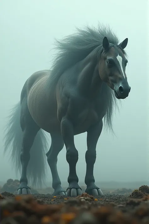 A monstrous hybrid with the fierce face and claws of a honey badger and the muscular body of a horse. Standing tall on a foggy plain, its mane flows while its sharp claws dig into the earth, casting a menacing, cinematic shadow.