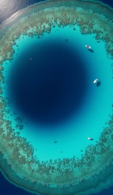 Create a detailed aerial image of the Great Blue Hole in Belize, highlighting its deep, rich azure waters encircled by the vibrant coral reef barrier. The water clarity should reveal submerged stalactites and the dark depths of the hole. Include subtle gra...