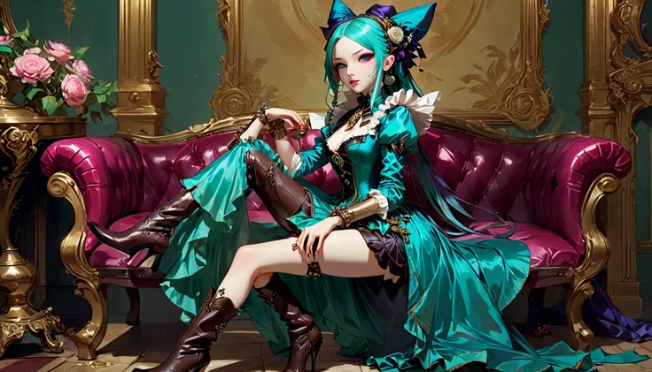 score_9, score_8_up, score_7, a picture of JInx from League Of Legends as refined lady of Victorian era, wearing silk and leather dress, high heeled boots, 